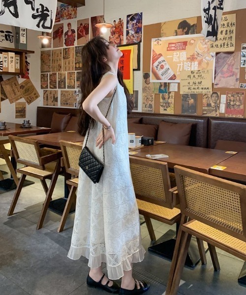 Aelina ワンピース レース切り替えチュールノースリーブワンピース