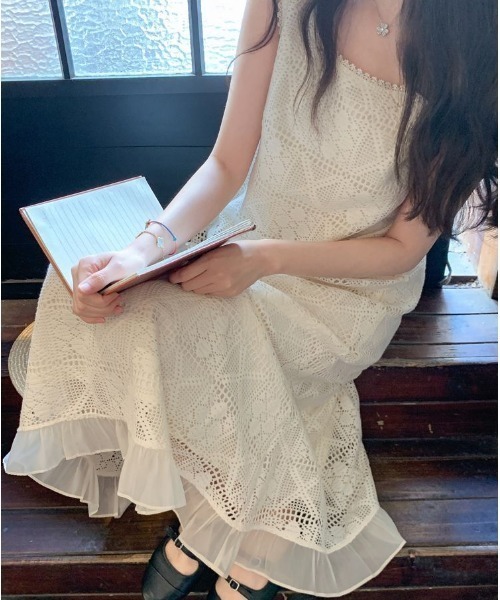 Aelina ワンピース レース切り替えチュールノースリーブワンピース 