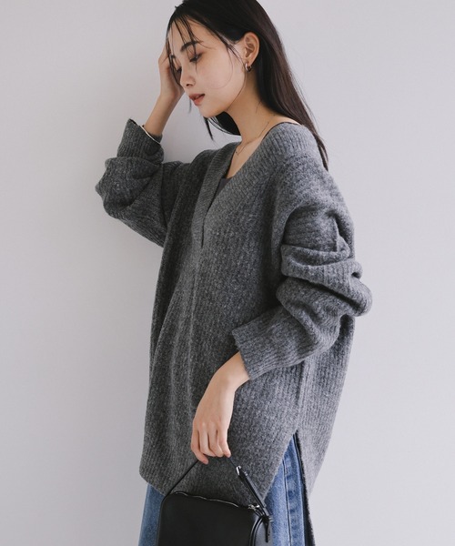 andme（アンドミー） ニット セーター 片畦Vネックニットトップス