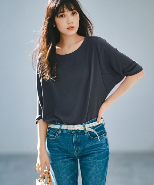 今期【洗える】ネイビー　ストレッチ ジョーゼット ラウンドネック カットソー 23区 tシャツ 「洗える」ストレッチジョーゼット ラウンドネック
