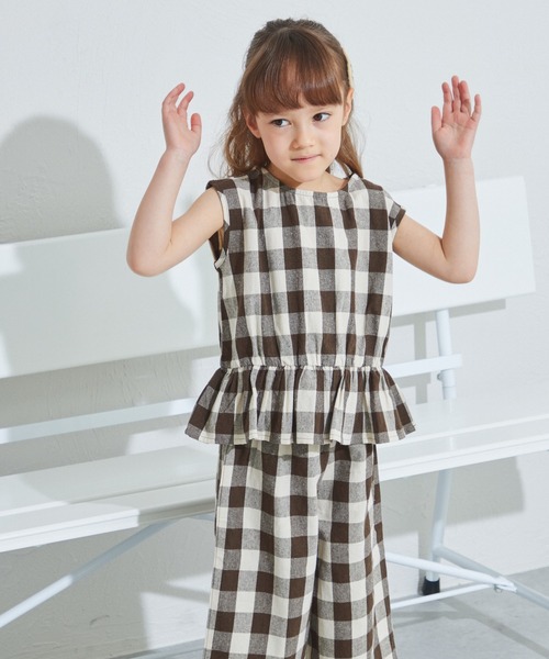 セットアップ トップス パンツ ペプラム ギンガムチェック 黒 ＆HALF セットアップ ペプラムトップス＆テーパードパンツ2点