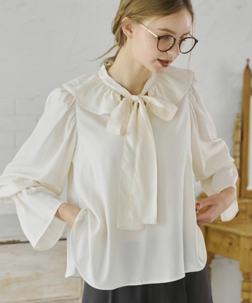 ブラウス シャツ bowtie ribbon frill blouse/ボウタイリボンフリル