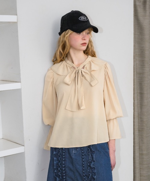 ブラウス シャツ bowtie ribbon frill blouse/ボウタイリボンフリル