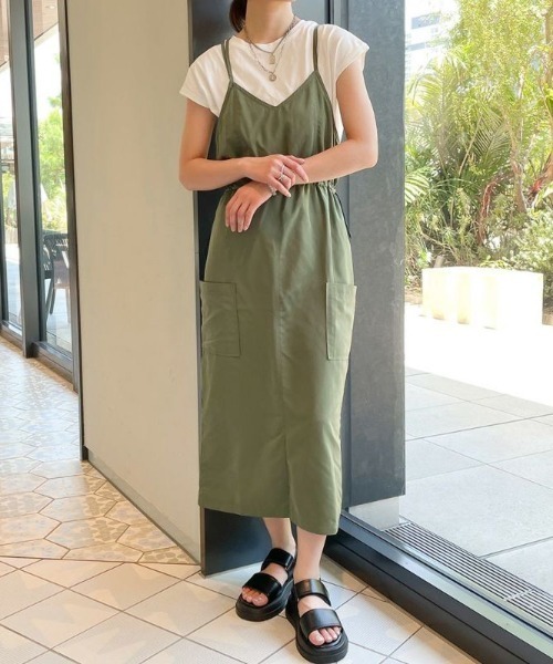 POPPY キャミワンピース カーキ ワンピース 「ミリタリー×ドロスト」レディース キャミワンピース