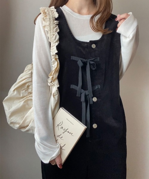 45R☆コットンウールコーデュロイのサロペット/ブラック♪ LAUIR（ラウアー） サロペット オーバーオール リボンデザイン