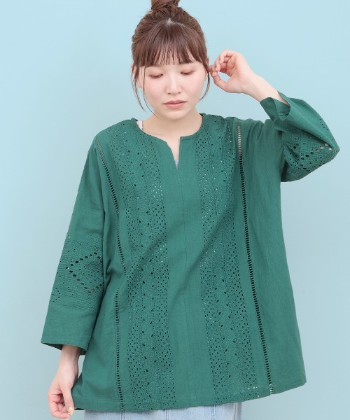 ブラウス シャツ 「M_」カットワーク刺繍オーバーシャツ オーガニックコットン使用 レディース セール】【M_】カットワーク刺繍オーバーシャツ オーガニック