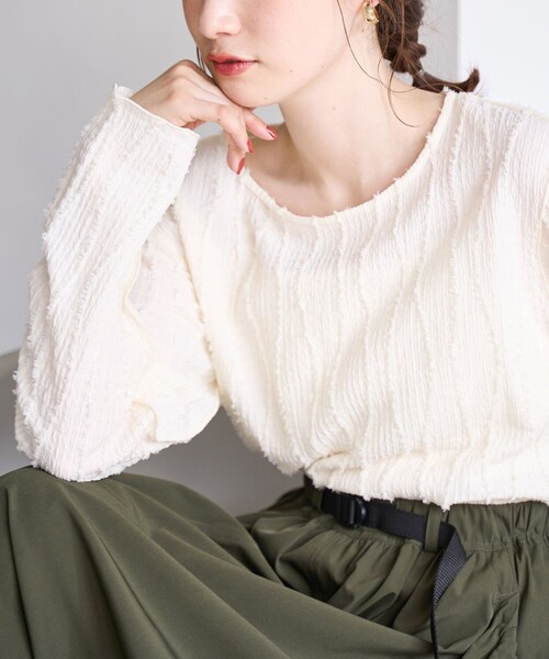 coen tシャツ ウェーブデザイン カットジャガード クルーネックT