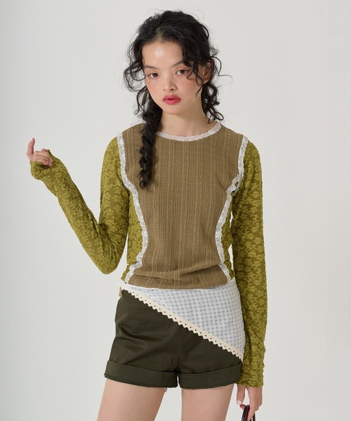 tシャツ 異素材パネルデザイン ロンT TINA：JOJUN レディース TINA：JOJUN tシャツ 異素材パネルデザイン ロンT レディース