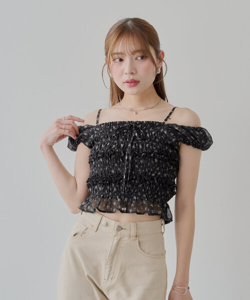 シースルーフレンチブラウス Chico ブラウス シャツ 「5色展開」シアーフラワーシャーリング