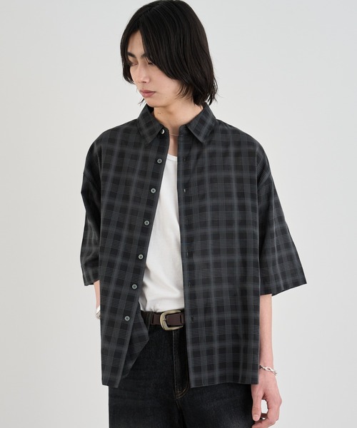 【ブラック】メッシュオンブレチェックプリント / 半袖レギュラーカラーシャツ メッシュオンブレーチェックシャツ（カジュアルシャツ） | tk.TAKEO