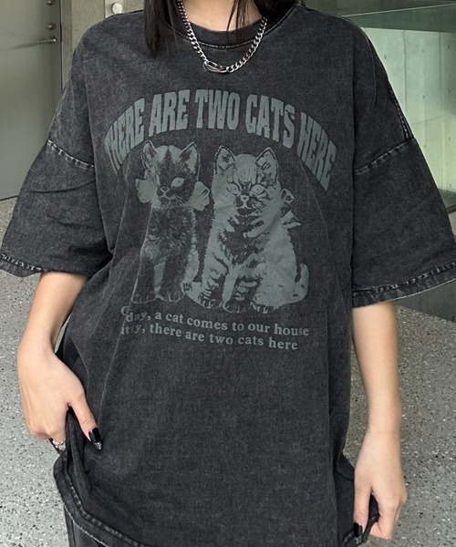 古着　ヴィンテージ　vintage Tシャツ　ビックサイズ　ワンピース　猫 90年代 アート アニマル 猫 両面プリント ロング丈 Tシャツ ワンピース