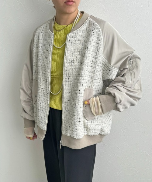 LHELBIE（レルビエ） ブルゾン アウター MA-1スリーブツイードブルゾン