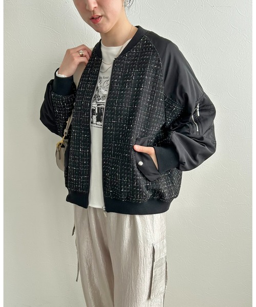 新品★レルビエLHELBIE MA-1スリーブ ツイードブルゾン黒★エイミーロウ LHELBIE（レルビエ） ブルゾン アウター MA-1スリーブツイードブルゾン