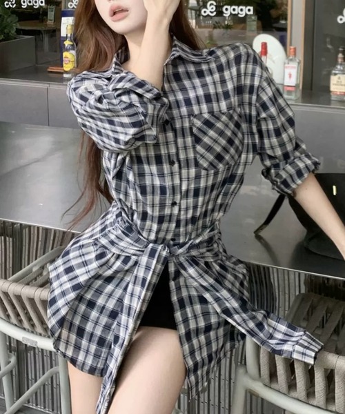 Sibra（シブラ） ブラウス シャツ 共布リボンでウエストマークチェック