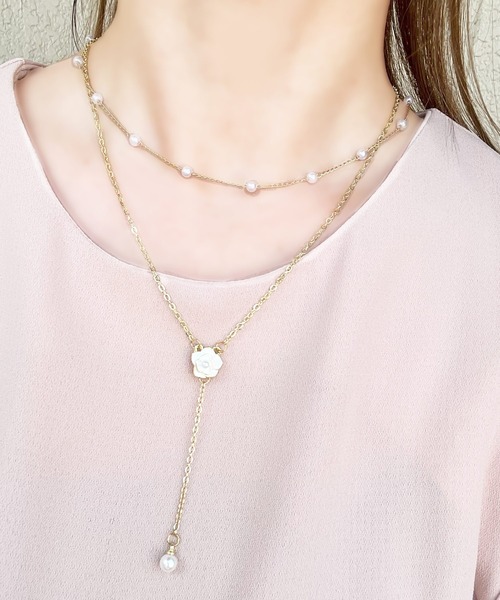 Blanc de Blue ネックレス ローズモチーフ＆パール2連ネックレス 