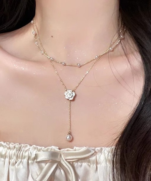 Blanc de Blue ネックレス ローズモチーフ＆パール2連ネックレス 