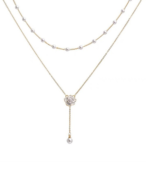 Blanc de Blue ネックレス ローズモチーフ＆パール2連ネックレス