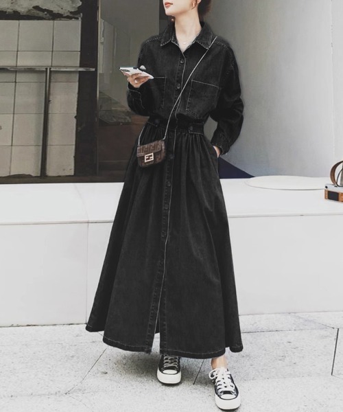 シャツワンピース ウエストギャザーデニムシャツワンピース : ZOZOTOWN