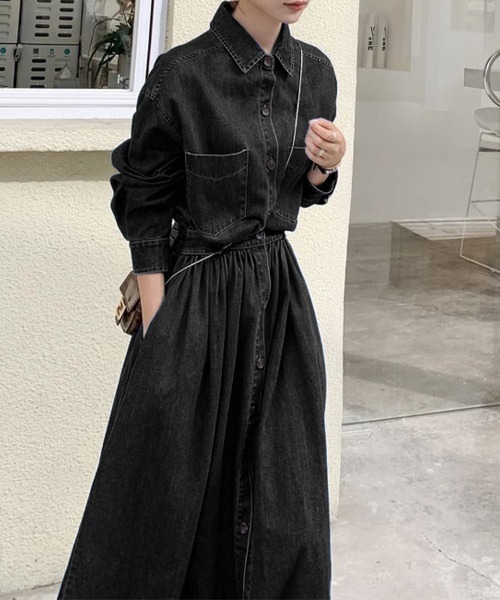 シャツワンピース ウエストギャザーデニムシャツワンピース : ZOZOTOWN