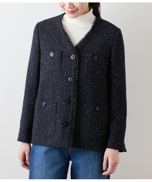 ネオンツイード ノーカラージャケット ネオンカラーミックスツィード