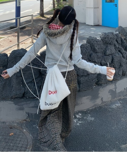 gossip!ロサンゼルス パーカー Y2K 裏起毛 チェック柄ファーフード