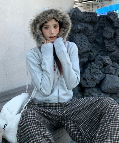 gossip!ロサンゼルス パーカー Y2K 裏起毛 チェック柄ファーフード