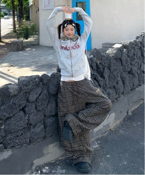 gossip!ロサンゼルス パーカー Y2K 裏起毛 チェック柄ファーフード