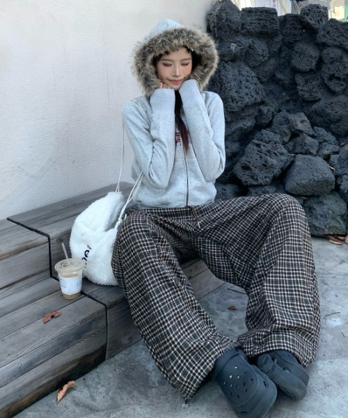 gossip!ロサンゼルス パーカー Y2K 裏起毛 チェック柄ファーフード