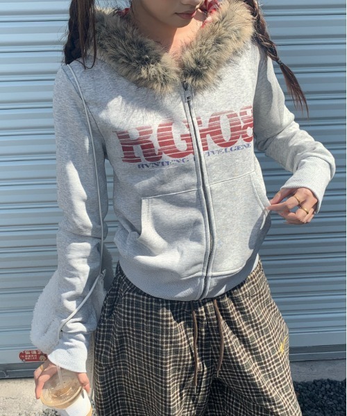 gossip!ロサンゼルス パーカー Y2K 裏起毛 チェック柄ファーフード