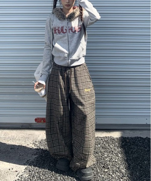 gossip!ロサンゼルス パーカー Y2K 裏起毛 チェック柄ファーフード