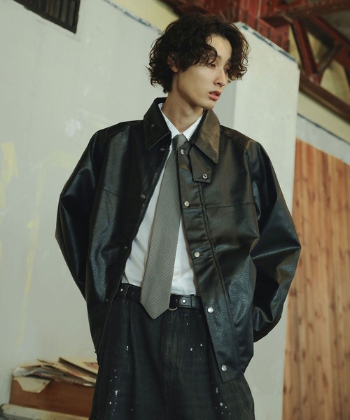 「Bleme」 レザーブルゾン M カーキ メンズ_画像3