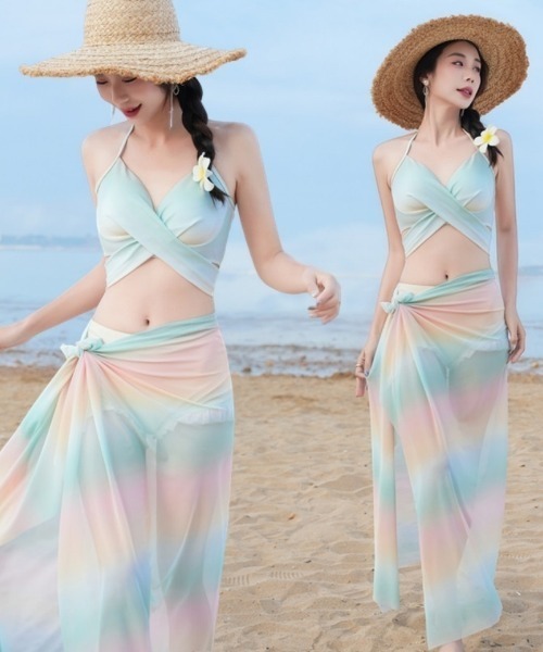 FIED 水着 28サイズ グラデーション 水着 パステルグラデーションビキニ＆シアーパレオ3点セット