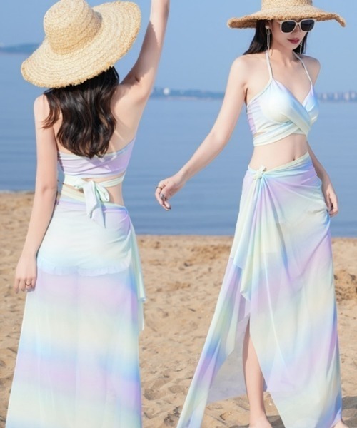水着 パステルグラデーションビキニ＆シアーパレオ3点セット