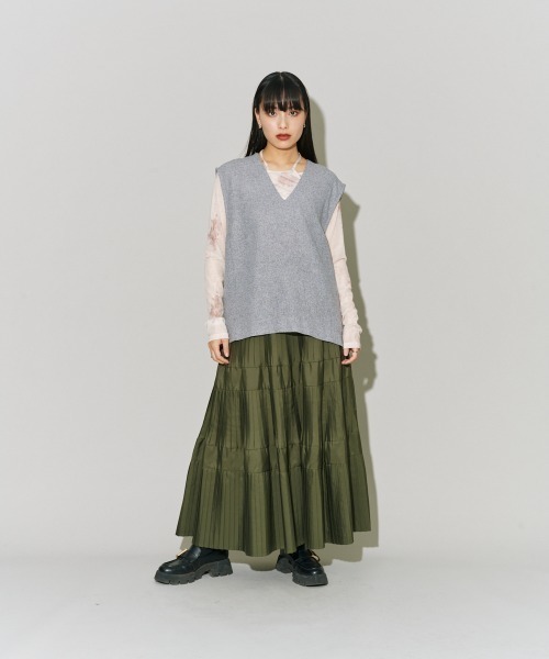 cygne シーニュ リネン ジレ ベスト ベージュ 大人のレイヤード andme（アンドミー） ベスト ジレ レーヨンリネンVネックロングジレ