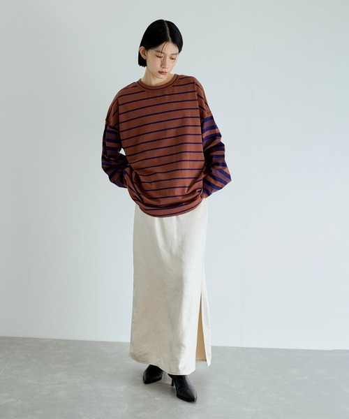 美品 アダムエロペ 24AW ボーダー2WAYロンT ドロップショルダー ADAM ET ROPE' tシャツ 「洗える」ボーダー2WAYロンTEE