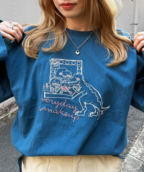 DOUBLE NAME tシャツ MAKE UP恐竜刺しゅうロンTEE レディース