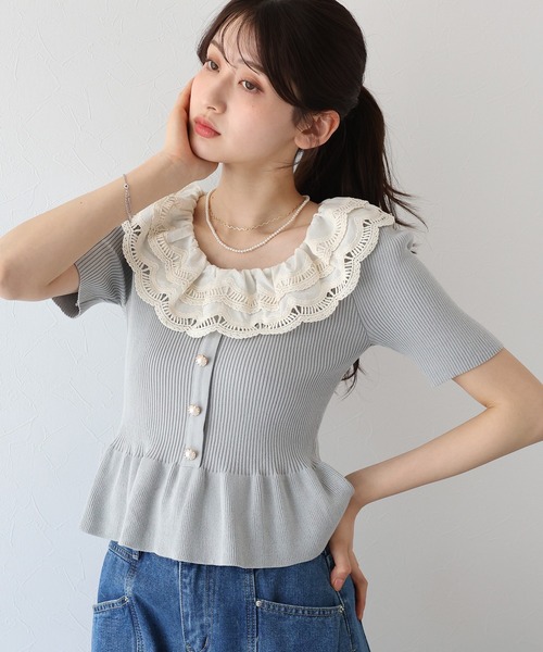 ニット セーター エンブロイダリーレースペプラム半袖ニット レディース BLUEEAST ニット セーター エンブロイダリーレース半袖ペプラム