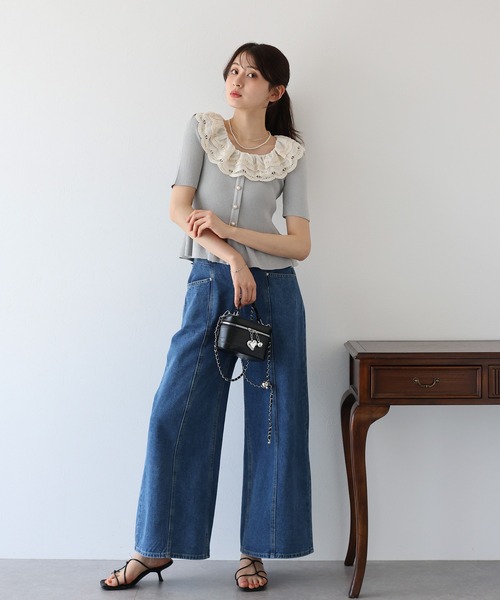 ニット セーター エンブロイダリーレースペプラム半袖ニット レディース BLUEEAST ニット セーター エンブロイダリーレース半袖ペプラム