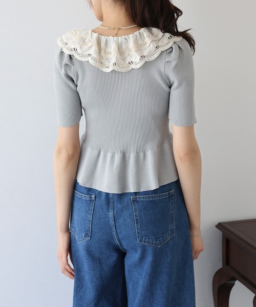 ニット セーター エンブロイダリーレースペプラム半袖ニット レディース BLUEEAST ニット セーター エンブロイダリーレース半袖ペプラム