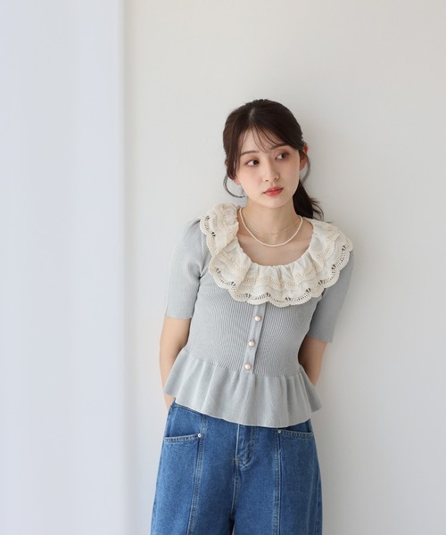ニット セーター エンブロイダリーレースペプラム半袖ニット レディース BLUEEAST ニット セーター エンブロイダリーレース半袖ペプラム