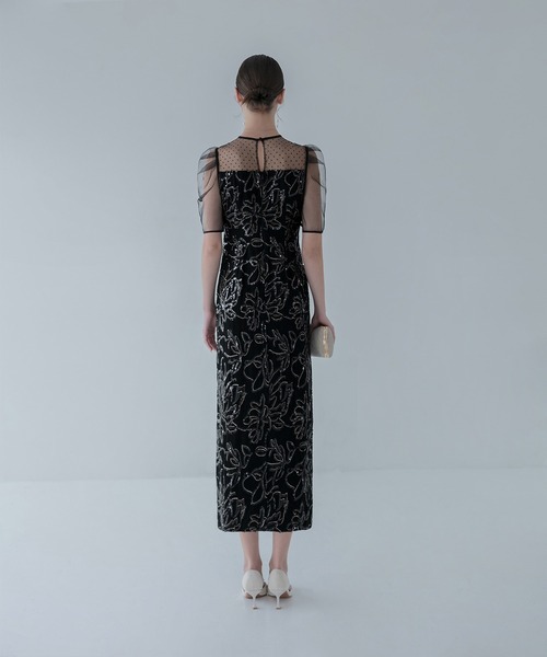 【しゅ】LEJA 結婚式 ワンピース　パーティードレス セール】【LEJA】チュールパイピングリーフベルトAラインドレス