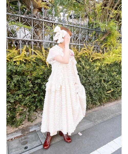 ピンクハウス★フラワーアレンジメント刺繍 パフスリーブ ギャザーワンピース 黒 XS-Lサイズあり【SETTAN/セッタン】フラワー刺繍/ マーメイド