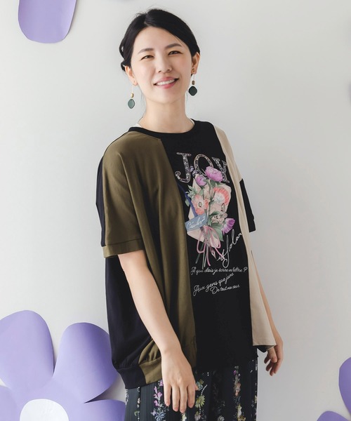 tシャツ 552266：花束プリントバイカラープルオーバー レディース
