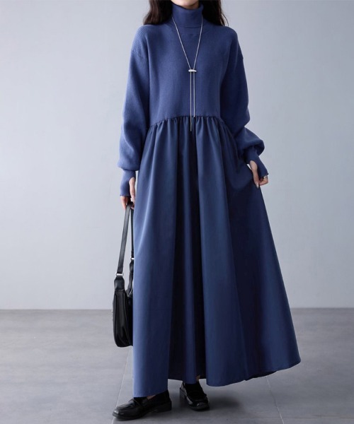 フリル付きハイネック ロングワンピース ダークブルー フリル付きハイネック ロングワンピース ダークブルー フェミニ