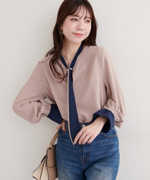 natural couture ブラウス シャツ 配色ボータイパールピンブラウス