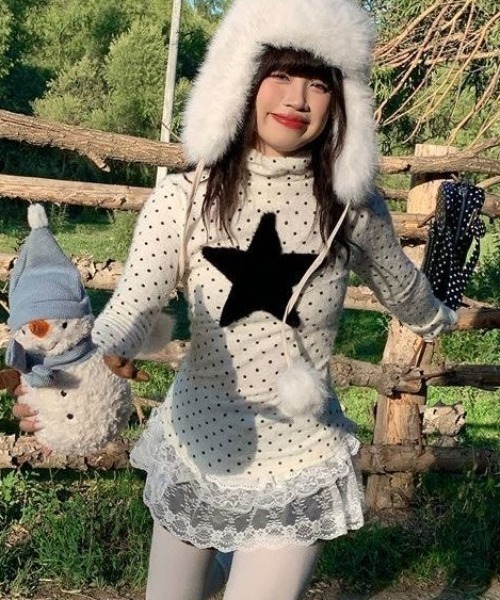 ViViDAY tシャツ フロント星柄 ドットハイネックカットソー レディース