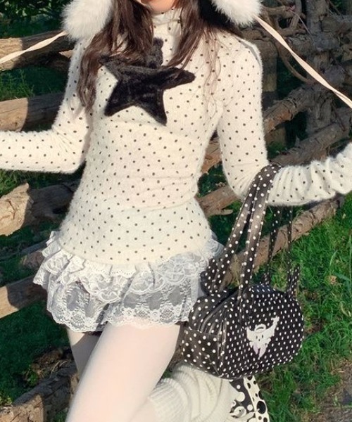 ViViDAY tシャツ フロント星柄 ドットハイネックカットソー レディース