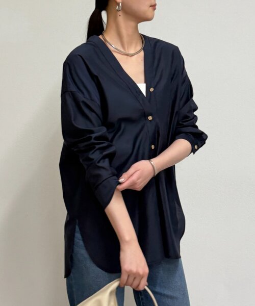 レディース　loungedress Vネック　ブラウス　シャツ　ブラック　F Loungedress（ラウンジドレス） ブラウス シャツ ダブルクロスV