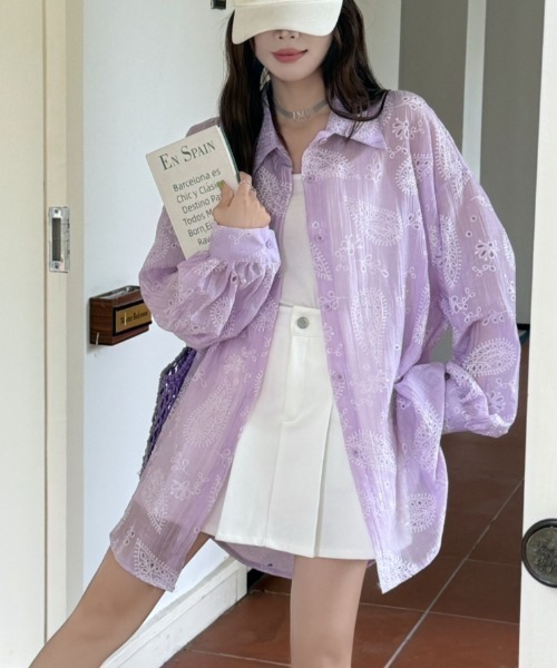 Aelina ブラウス シャツ 刺繍パンチングレースシャツ レディース 