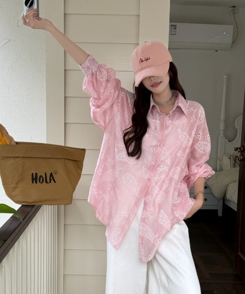 ヴァレンティノ レース 半袖 シャツ トップス 薄ピンク オーバーサイズ Aelina ブラウス シャツ 刺繍パンチングレースシャツ レディース